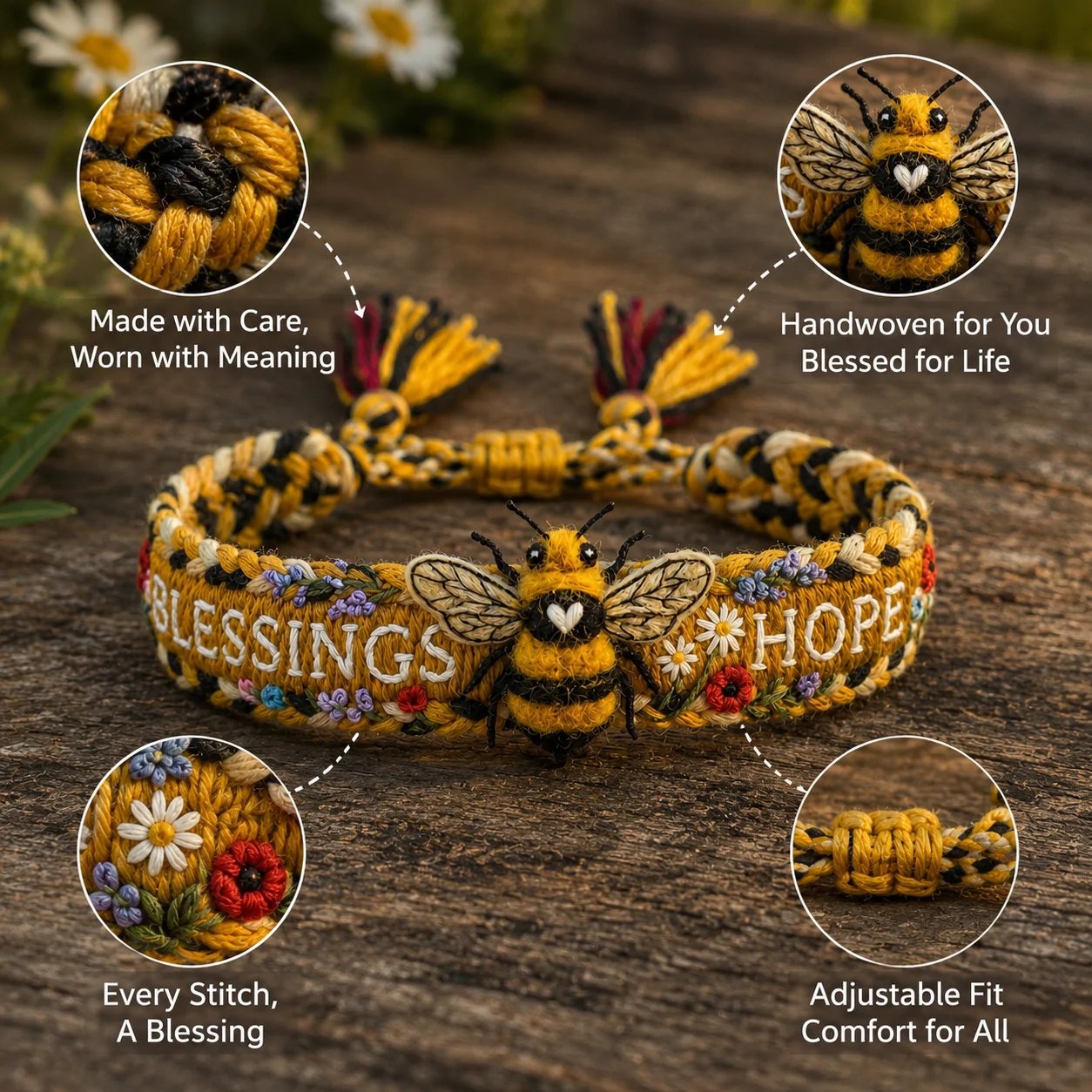 🌼Zegeningen & Hoop 🐝2026 Limited Edition Handgemaakte geweven armband met bijenmotief