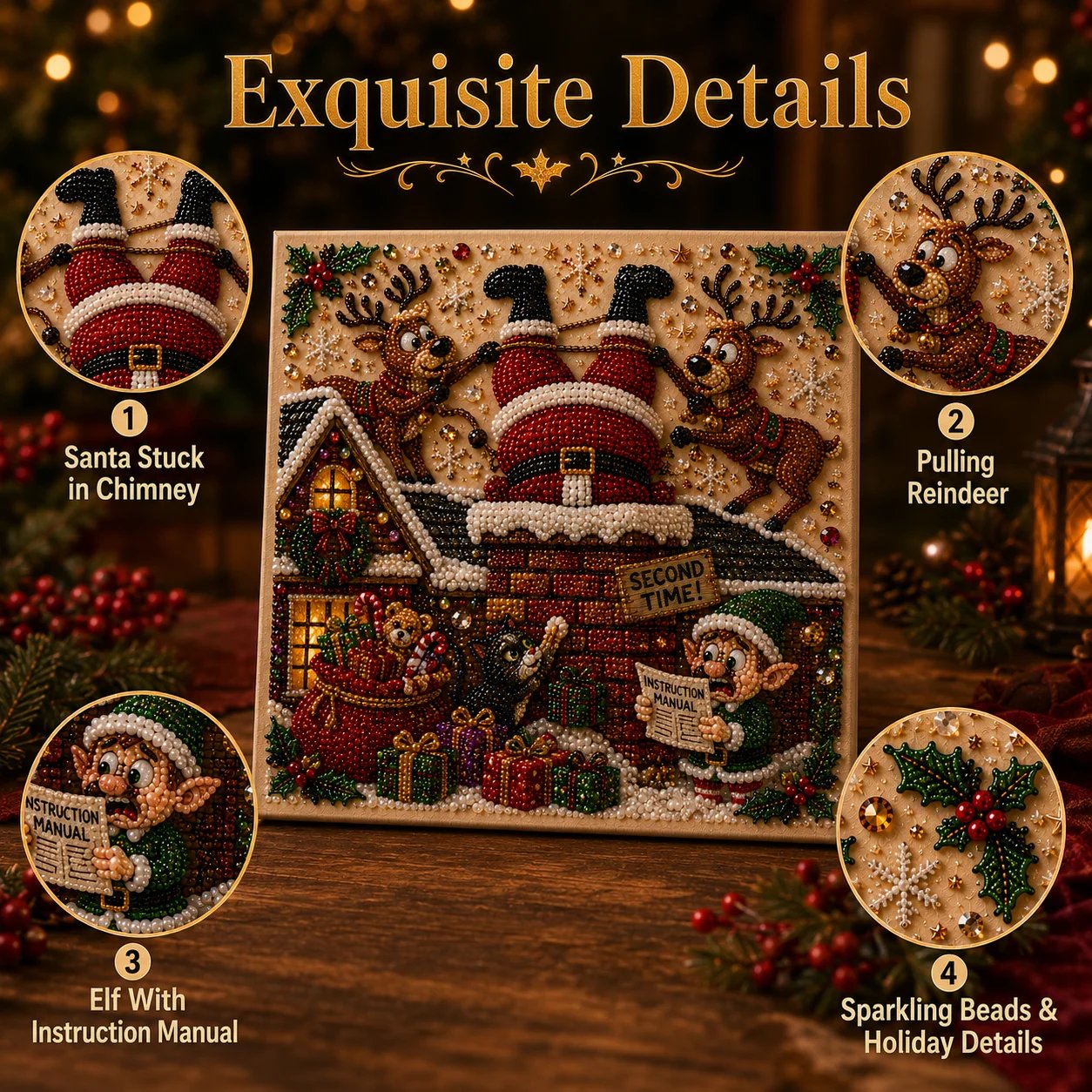 🎄 LAATSTE DAG 49% KORTING – Premium 3D Pearl Absurd Christmas Moments-kunstset | Luxe canvas met flocklaag en krasbestendige, kleurvaste parelkraaltjes – DIY grappige kerstversiering 🎅😂✨