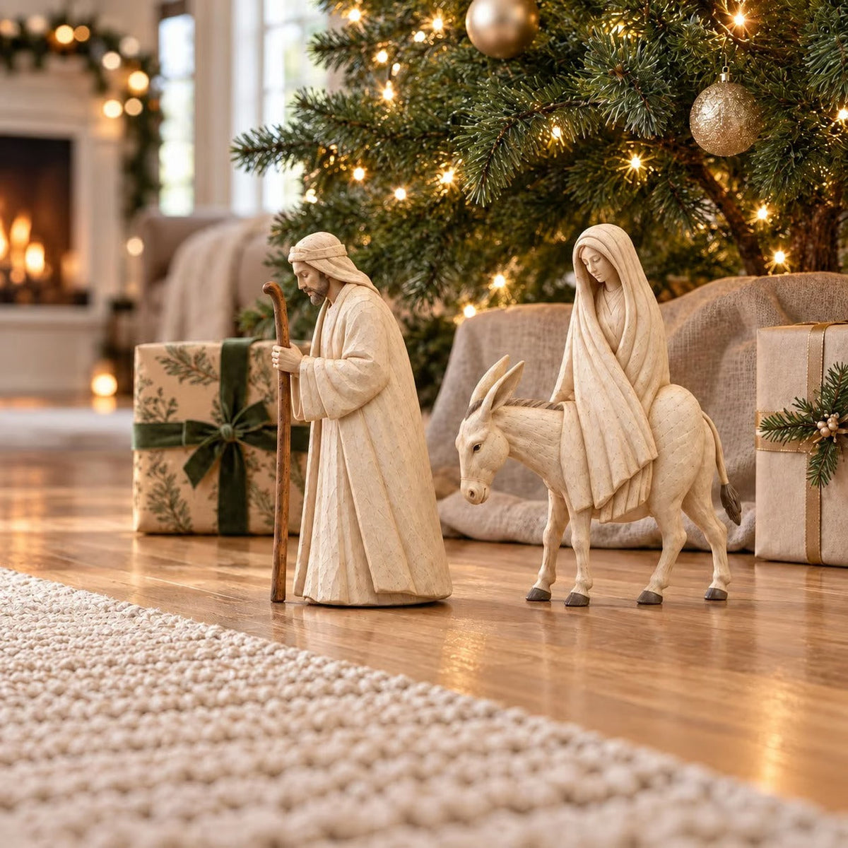 Kerstdecoratie met de titel "Heilige Reis" en "Kerststalbeeldjes" - Jozef en Maria op een ezel.