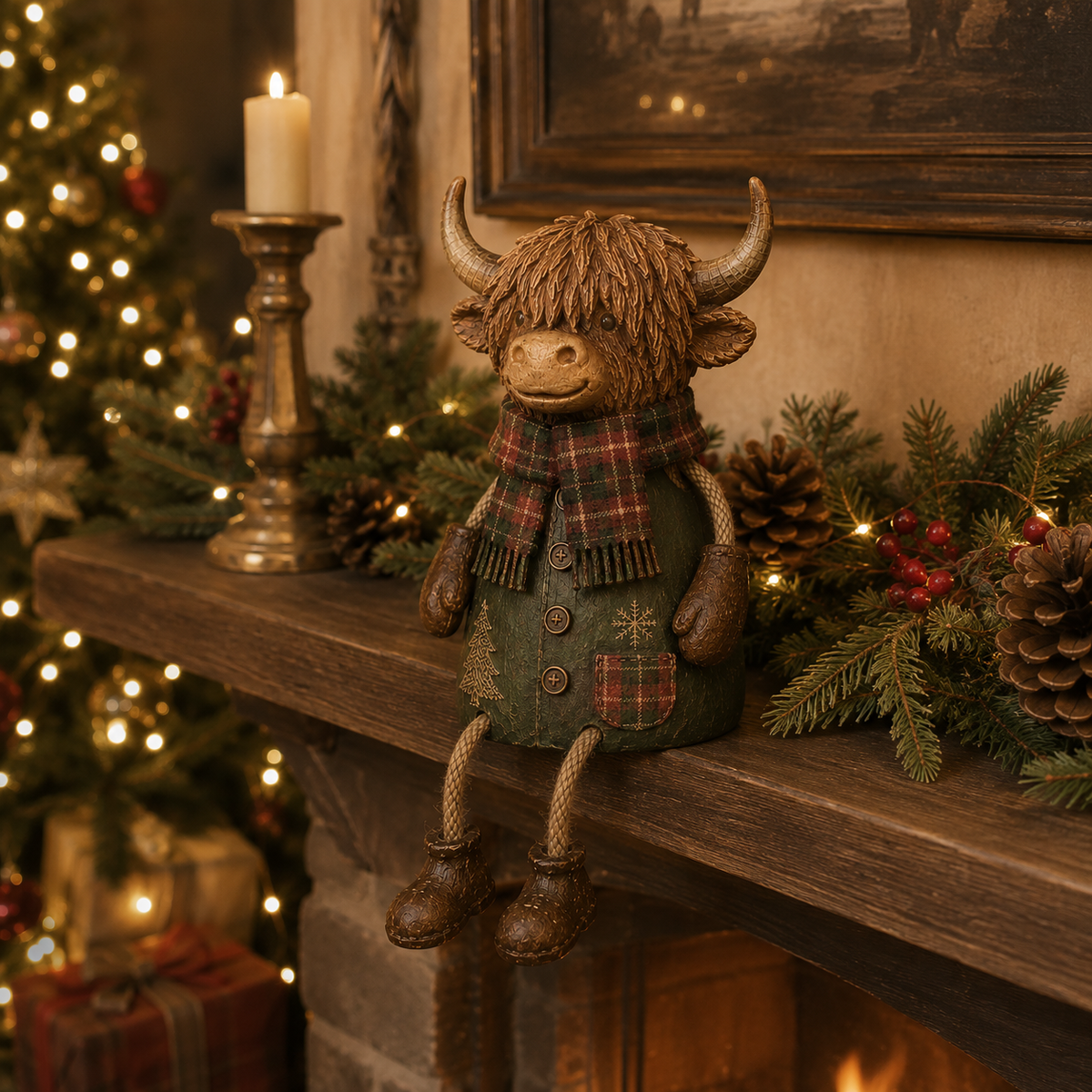 Feestelijke Highland Cow-figuren voor op de plank – Rustieke kerstdecoratie voor in huis