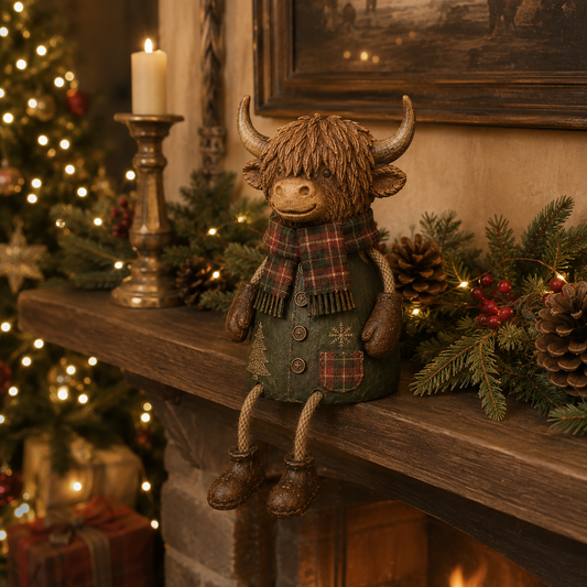 Feestelijke Highland Cow-figuren voor op de plank – Rustieke kerstdecoratie voor in huis