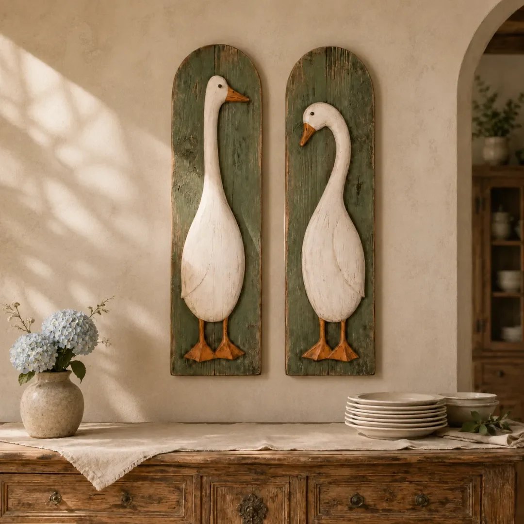 Handgemaakte rustieke wanddecoratie met ganzen, set van 2