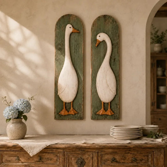 Handgemaakte rustieke wanddecoratie met ganzen, set van 2