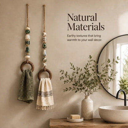 Decoratieve handdoekhanger met kralen en houten ring