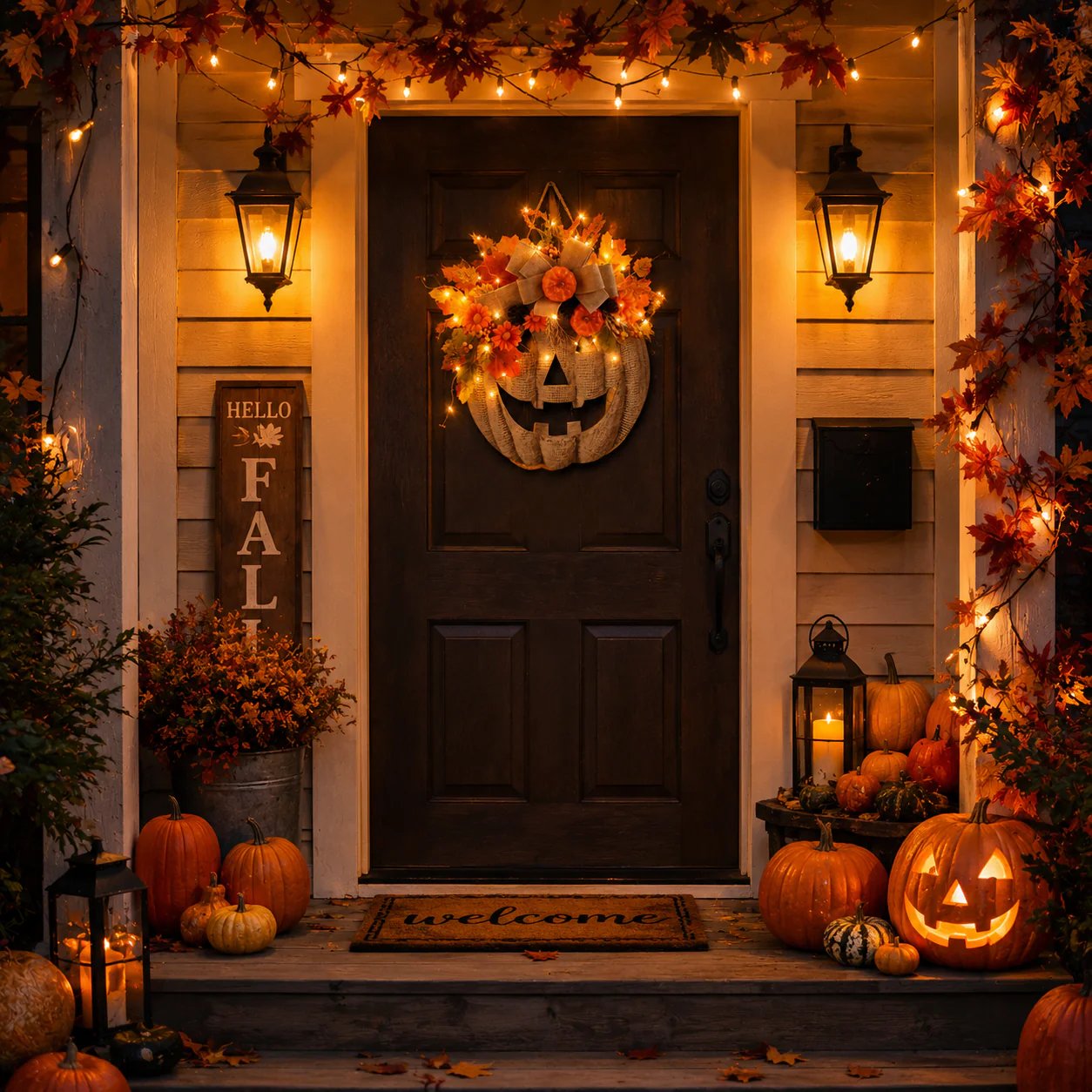 🎃✨ Verlichte pompoenkrans van jute