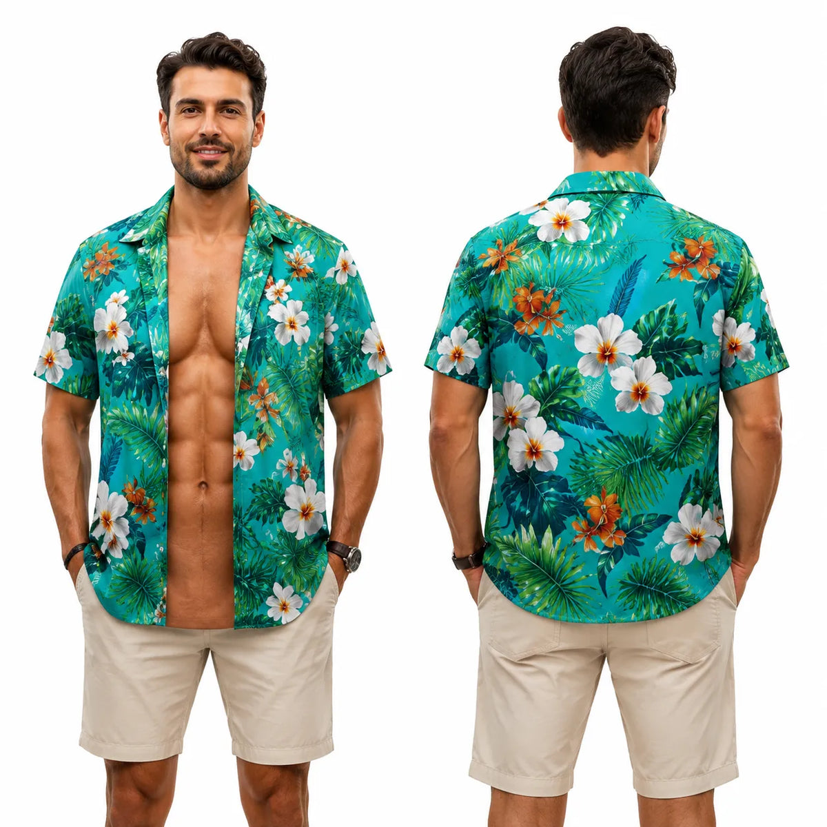 Grappig spier-T-shirt voor heren, T-shirt met Hawaiiaanse-hemd-illusie, gepersonaliseerd 3D-T-shirt met nep-open-hemd-effect💪🔥