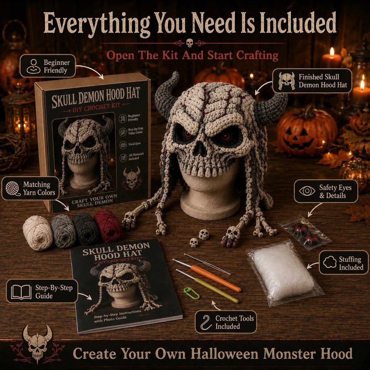 🎭🎃 DIY-haakpakket voor een Halloween-monsterkap | Hoogwaardig, zacht garen met stapsgewijze handleiding voor het zelf maken van een handgemaakte, draagbare karakterkap 🧶✨