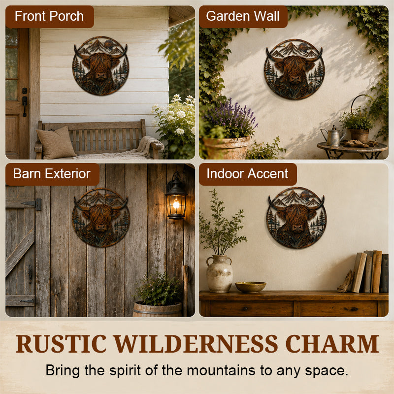 🐂Metalen wanddecoratie met berglandschap en Highland-koe🏔️