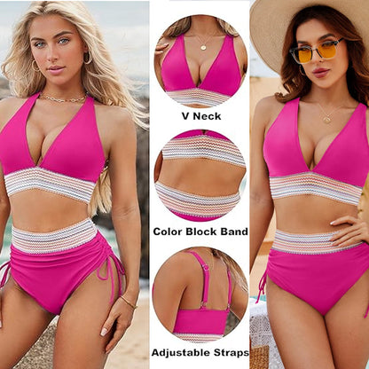 ☀️Vakantieverkoop 49% VAN🏖️Bikini met hoge taille en buikband Color Block Bikiniset Color Block Bikiniset