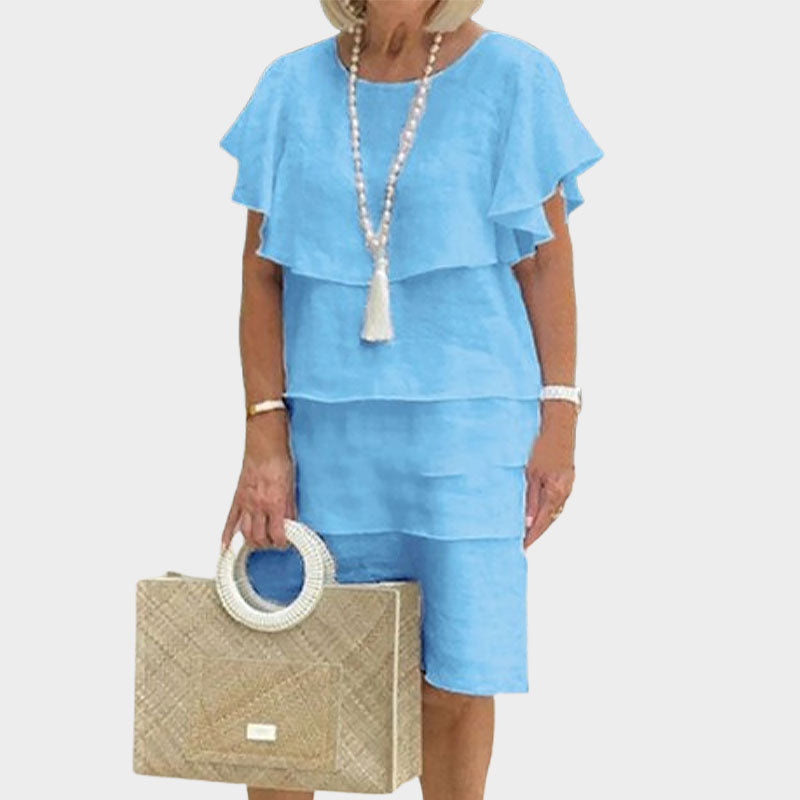 🌸Ronde hals. klokkende mouw. gelaagde midi-jurk