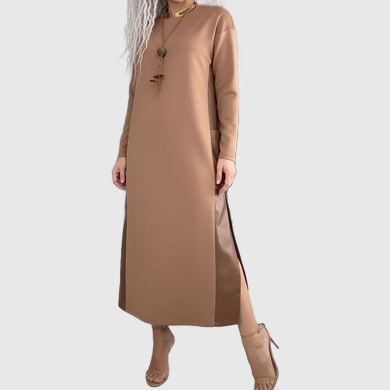 Oversized Jurk Met Contrasterend Leren Paneel