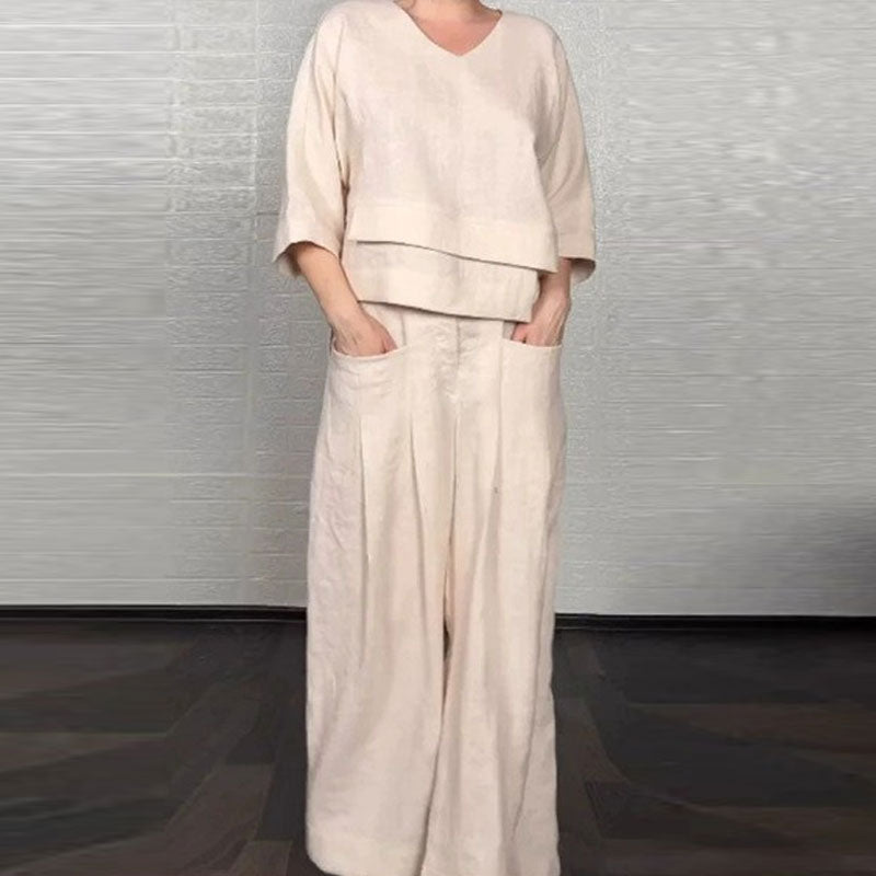 💞Gratis verzending⏳Effen kleur ronde hals lange mouwen casual top middelhoge taille zak rechte broek tweedelig set