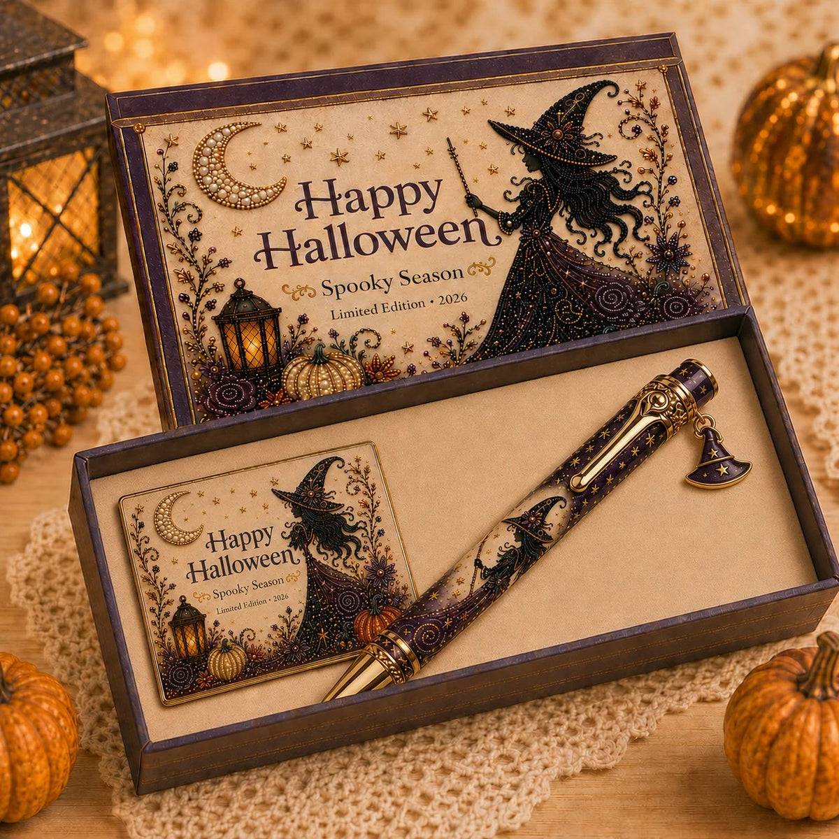 🎃🔮 Griezelige Halloween-pen-cadeauset | Decoratieve pen, bijpassende herinneringskaart en bijpassende geschenkdoos in 3 limited edition-uitvoeringen ✨