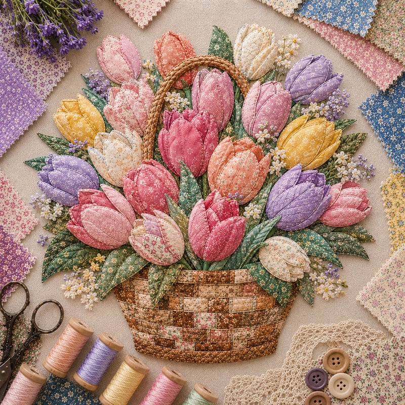 🌸🧵 Premium bloemenmand-patchwork-doe-het-zelfpakket | Hoogwaardig boeket van gelaagde stoffen met reliëfbloemblaadjes en geweven manddetails ✨