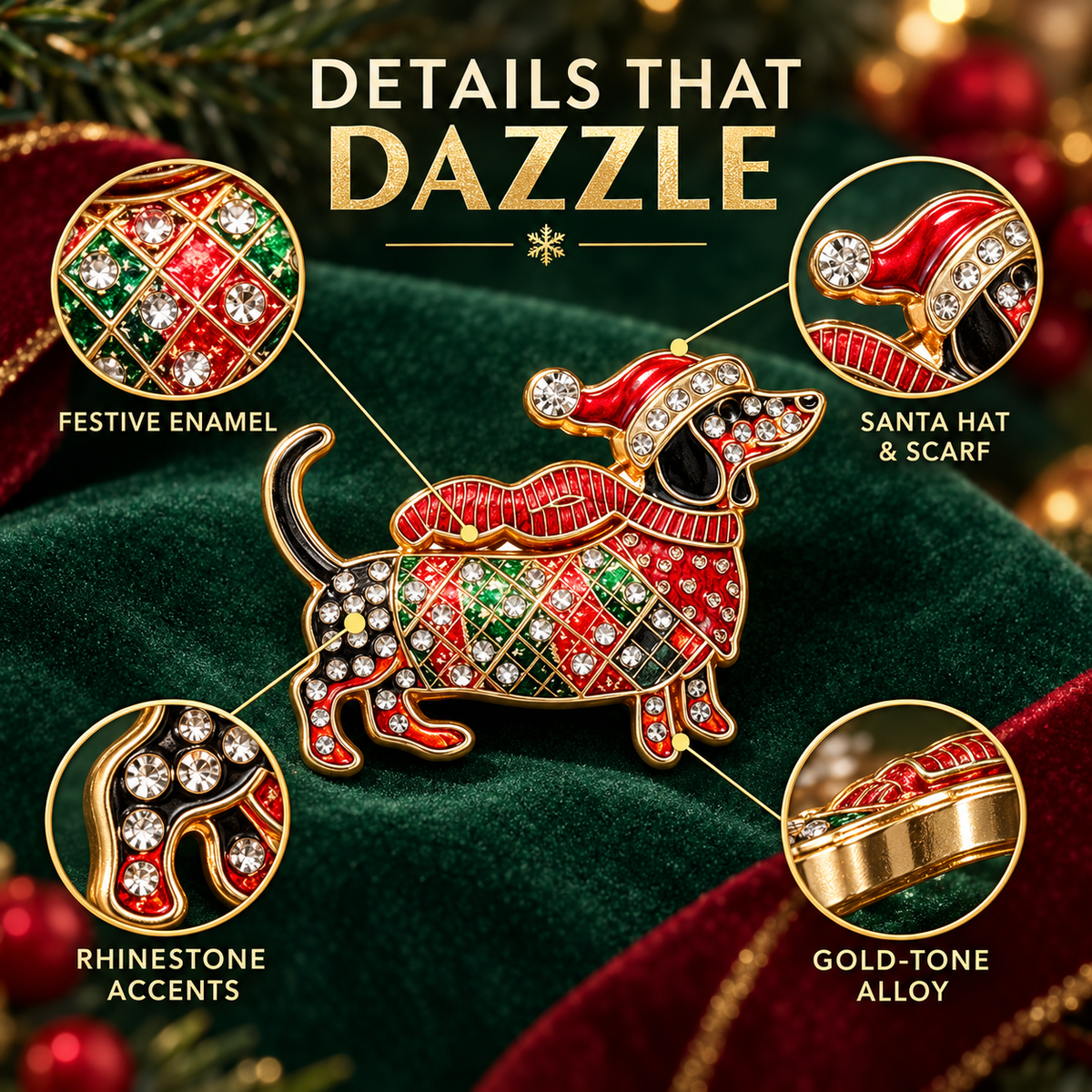 Broche met teckel in beperkte oplage voor Kerstmis – Feestelijke teckel-broche