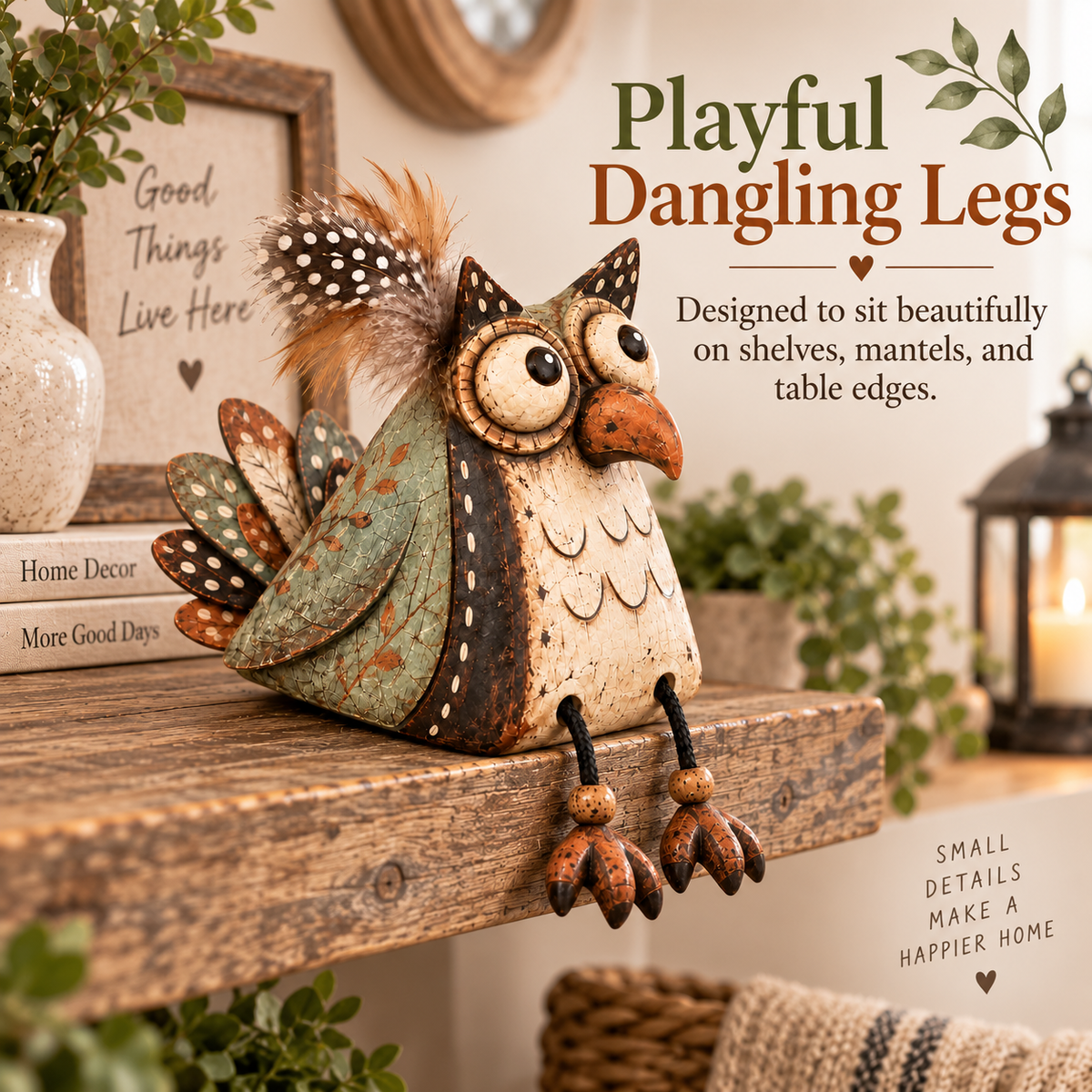 🦉 Rustieke Uil Plankzitter Decoratie met Bungelende Poten — Landelijke Sfeer
