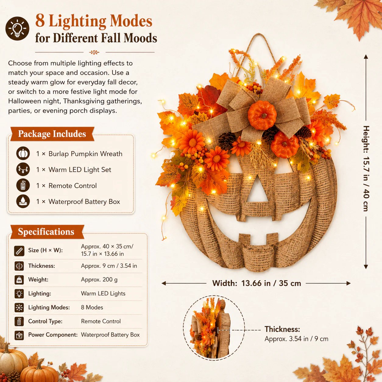 🎃✨ Verlichte pompoenkrans van jute