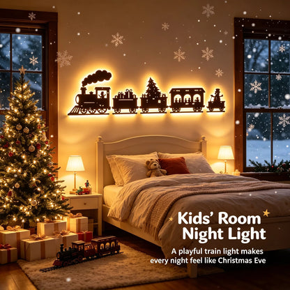 🎄 Kerstachtige houten LED-wandlamp in de vorm van een treintje ✨ Vintage wanddecoratie met silhouetten van kersttreintjes, warm verlicht kerstbord, kerstversiering voor thuis en feestjes, ook geschikt als cadeau