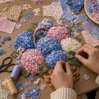 🌸🧵 Premium bloemenmand-patchwork-doe-het-zelfpakket | Hoogwaardig boeket van gelaagde stoffen met reliëfbloemblaadjes en geweven manddetails ✨