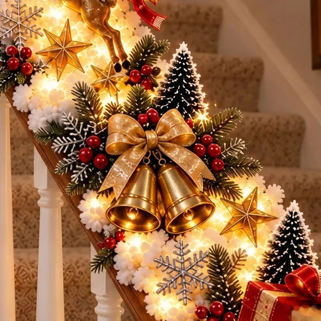 🎅 Kerstman-slee: decoratie voor de trapleuning in sneeuwthema | Vooraf verlichte kerstslinger voor de trapleuning