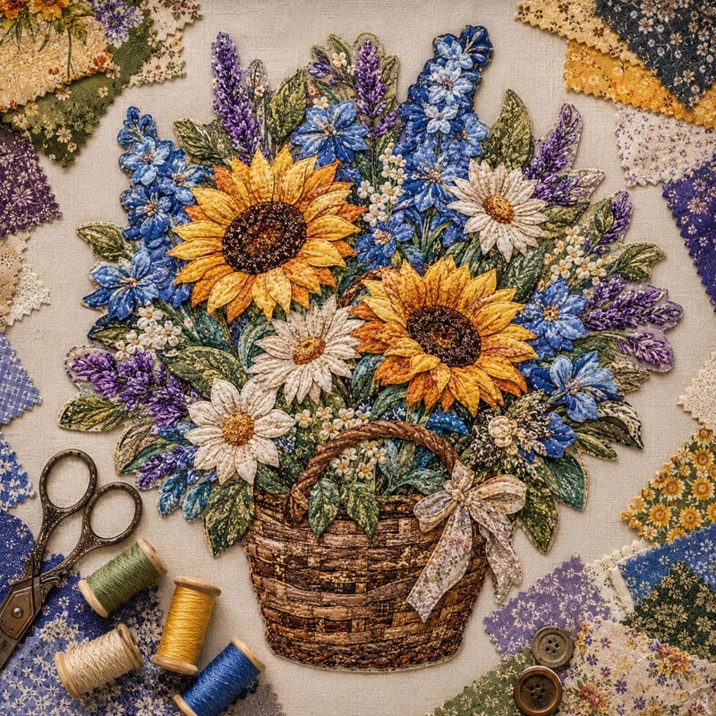 🌸🧵 Premium bloemenmand-patchwork-doe-het-zelfpakket | Hoogwaardig boeket van gelaagde stoffen met reliëfbloemblaadjes en geweven manddetails ✨