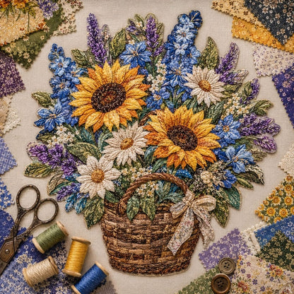 🌸🧵 Premium bloemenmand-patchwork-doe-het-zelfpakket | Hoogwaardig boeket van gelaagde stoffen met reliëfbloemblaadjes en geweven manddetails ✨