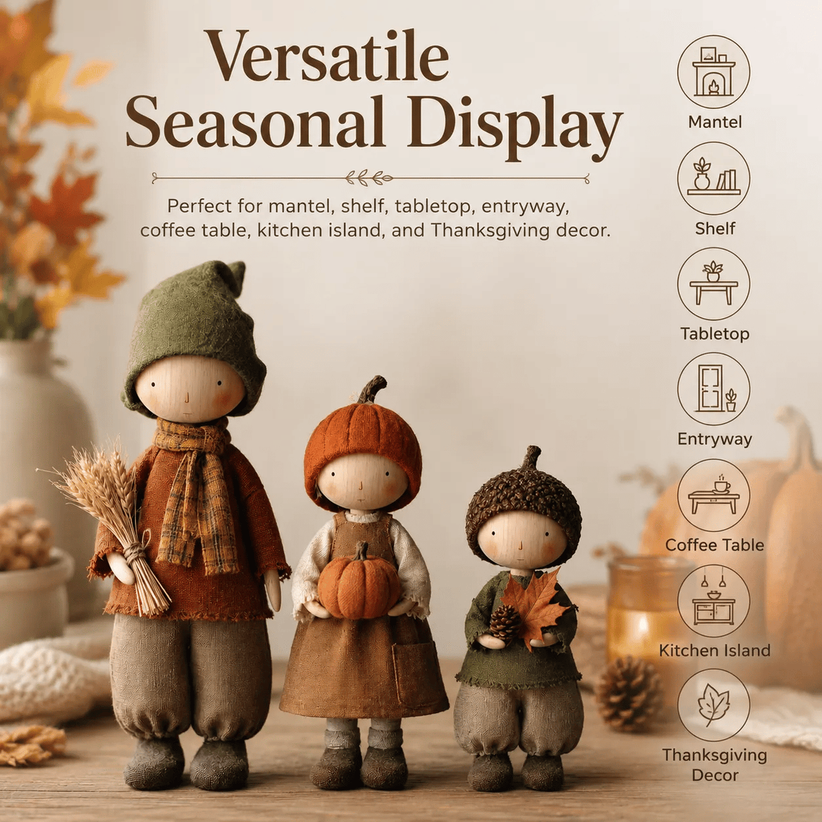 🍁 Set van 3 rustieke herfstfiguurtjes – Mooie oogstdecoratie voor een gezellige herfstsfeer 🍂