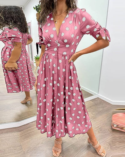🥰Nieuwe producten Hot Sale 45% KORTING🌹Polka Dot-jurk met diepe V-hals