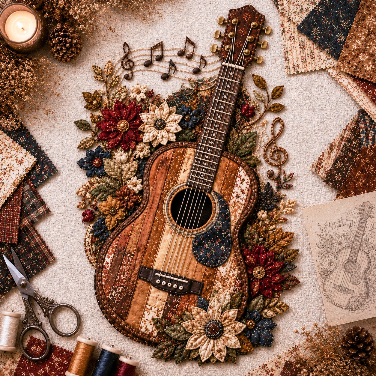 🎶🧵 Premium vintage patchwork-bouwpakket voor muziekinstrumenten | Hoogwaardige gelaagde stof met gestikte details – DIY handgemaakte decoratie voor de muziekkamer ✨