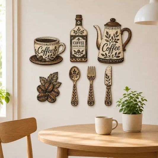 ☕ 7-delige houten wanddecoratieset met koffiethema voor in de keuken – Vintage wanddecoratie in boerderijstijl met koffiethem