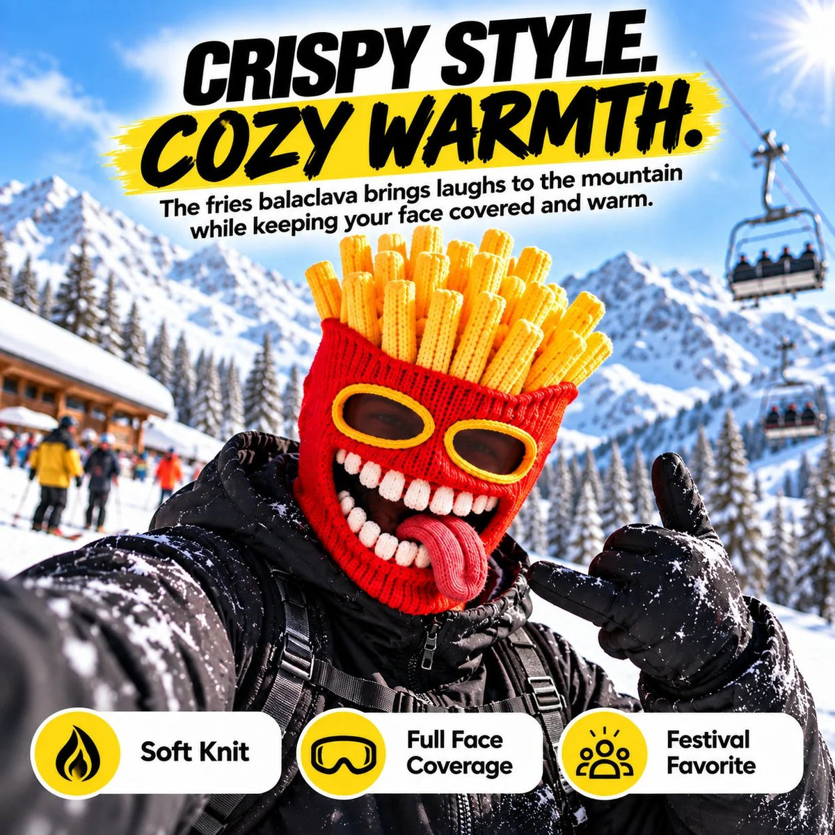 😜🍟Grappige gebreide balaclava met voedselmotief – Warme skimasker die het hele gezicht bedekt, voor winteravonturen