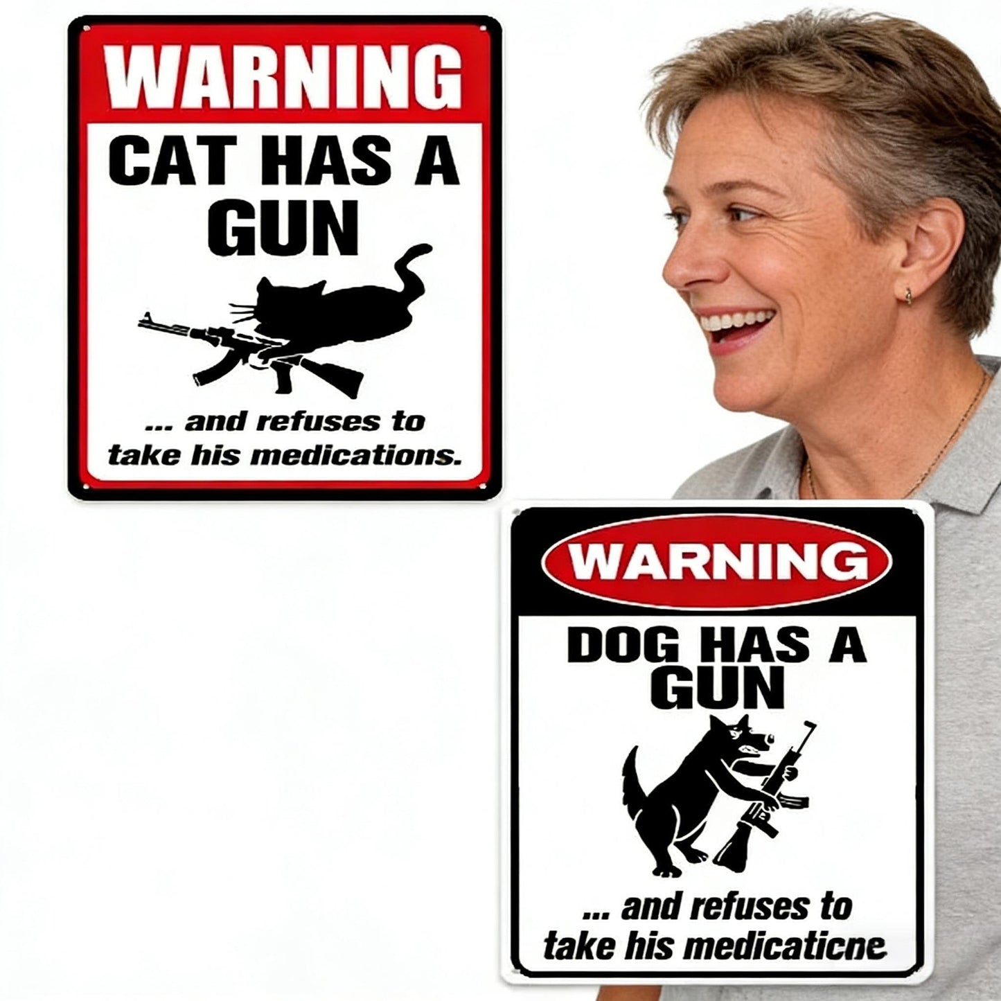 Grappig aluminium bordje met de tekst “Kat & hond hebben een pistool en willen geen medicijnen”