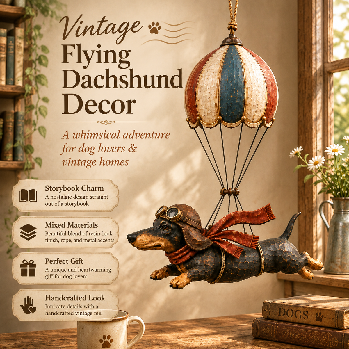 Vintage decoratie met vliegende teckel in een heteluchtballon