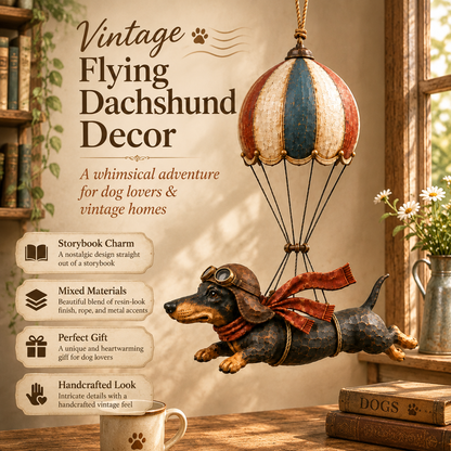 Vintage decoratie met vliegende teckel in een heteluchtballon