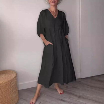 🌿 Diepe V-Hals Katoen-Linnen Zomerjurk met Zakken