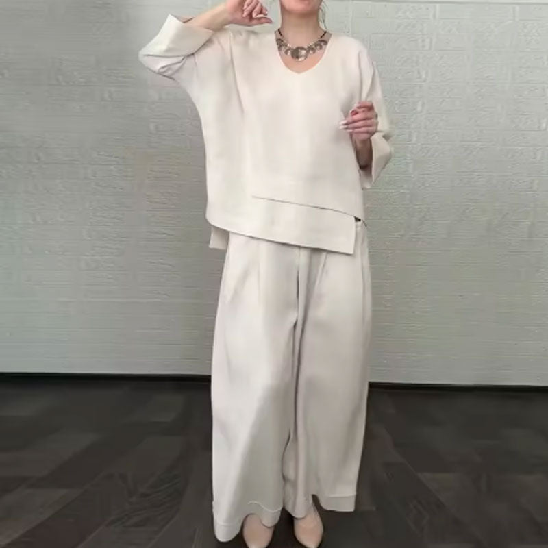 💞Gratis verzending⏳Effen kleur ronde hals lange mouwen casual top middelhoge taille zak rechte broek tweedelig set