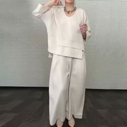 💞Gratis verzending⏳Effen kleur ronde hals lange mouwen casual top middelhoge taille zak rechte broek tweedelig set