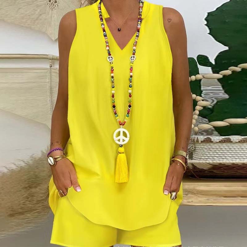 🍀Effen kleur opstaande kraag mouwloze shorts casual tweedelig pak