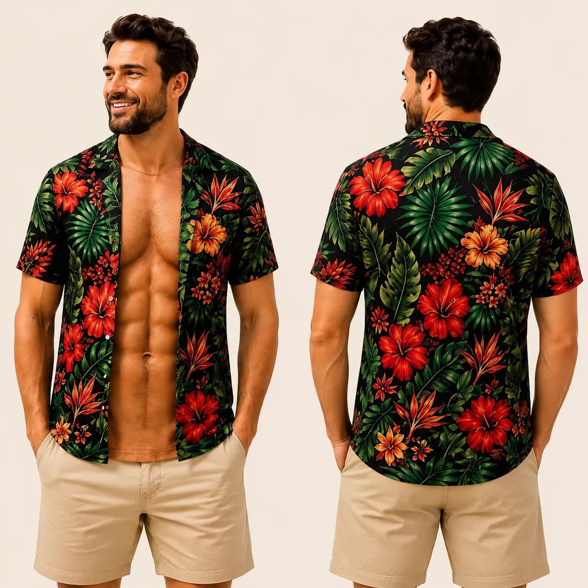 Grappig spier-T-shirt voor heren, T-shirt met Hawaiiaanse-hemd-illusie, gepersonaliseerd 3D-T-shirt met nep-open-hemd-effect💪🔥