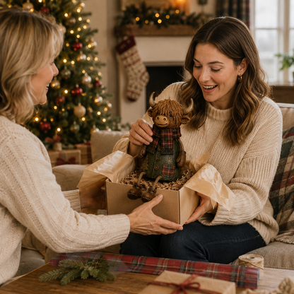 Feestelijke Highland Cow-figuren voor op de plank – Rustieke kerstdecoratie voor in huis