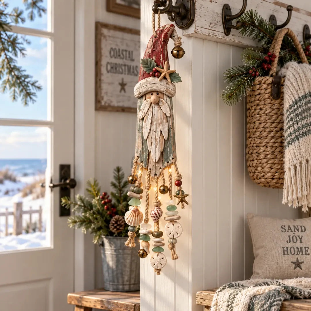 Vintage kustthema: verlichte kerstwandversiering met Kerstman – Kerstversiering voor het strandhuis met zeesterren, schelpen en een warme gloed