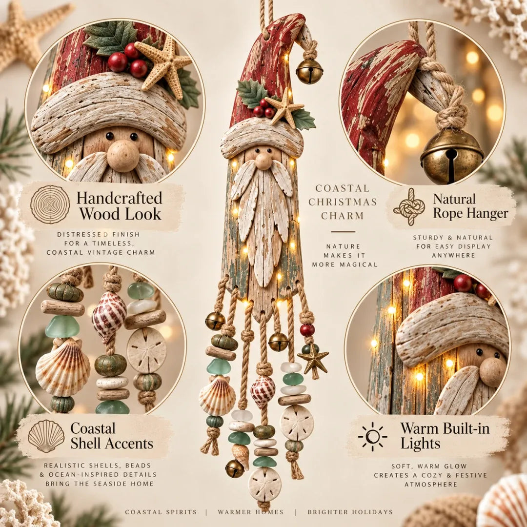 Vintage kustthema: verlichte kerstwandversiering met Kerstman – Kerstversiering voor het strandhuis met zeesterren, schelpen en een warme gloed