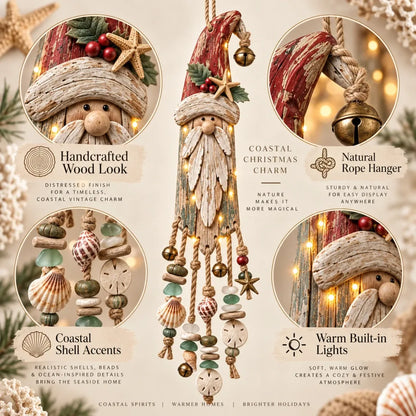 Vintage kustthema: verlichte kerstwandversiering met Kerstman – Kerstversiering voor het strandhuis met zeesterren, schelpen en een warme gloed