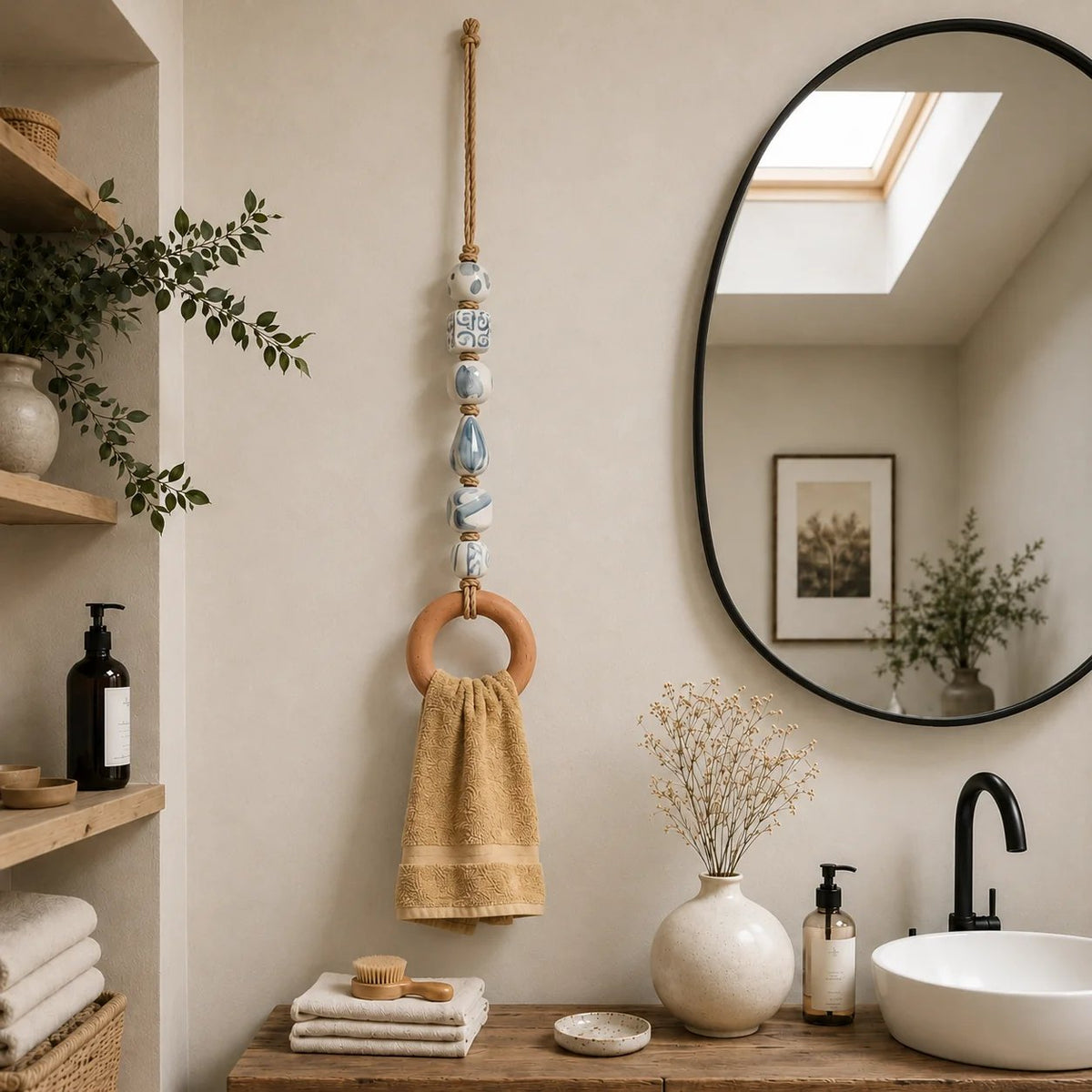 Decoratieve handdoekhanger met kralen en houten ring