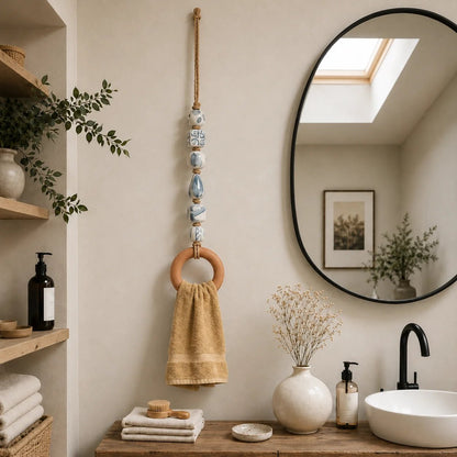Decoratieve handdoekhanger met kralen en houten ring