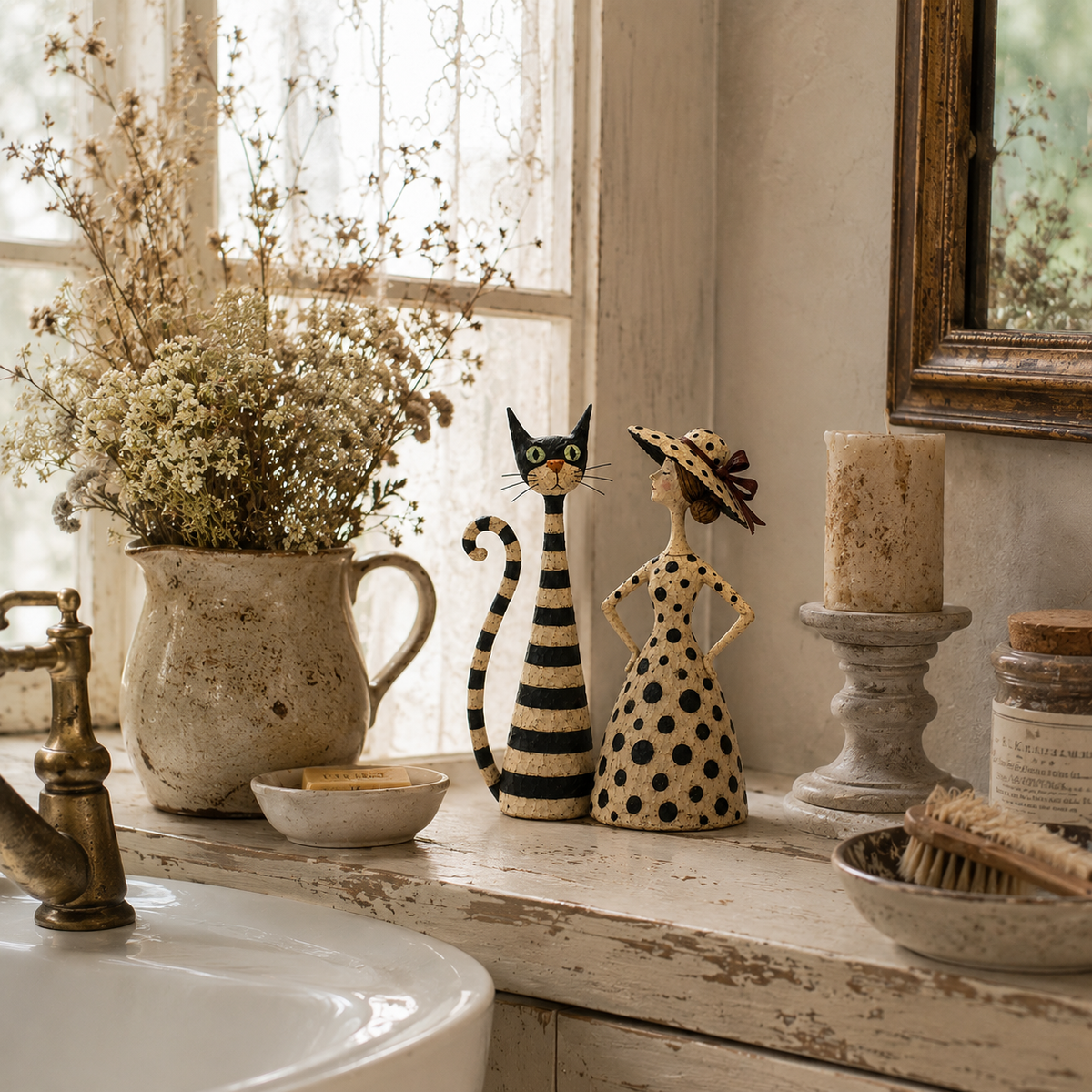 Vintage beeldjeset met kat en dame 🐱 Gezellig woonaccessoire