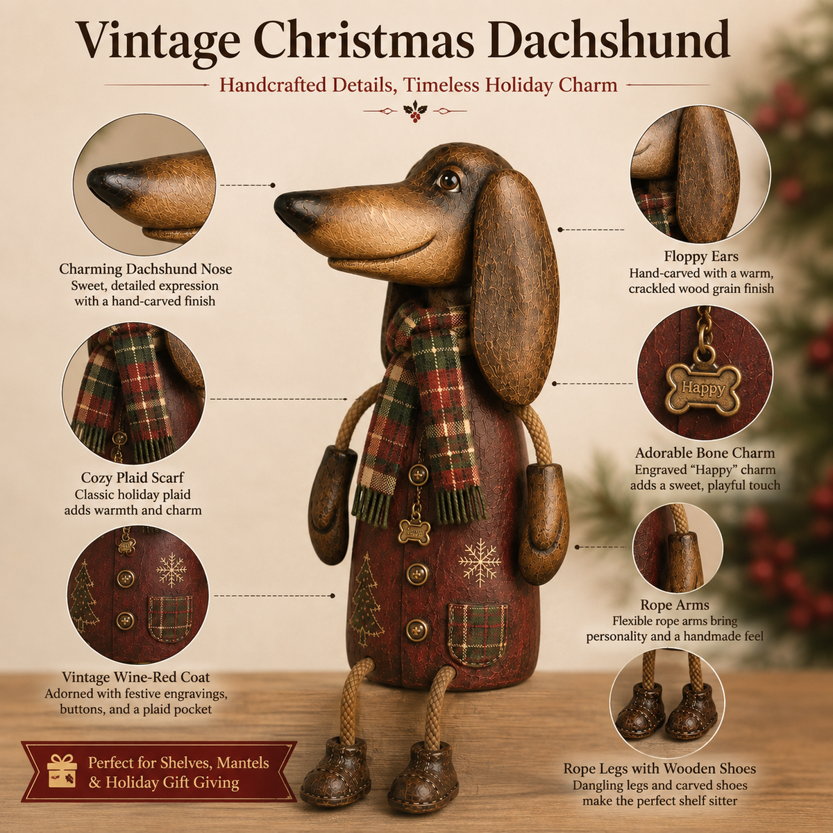 🏡Vintage kerstfiguurtje van een teckel voor op de plank