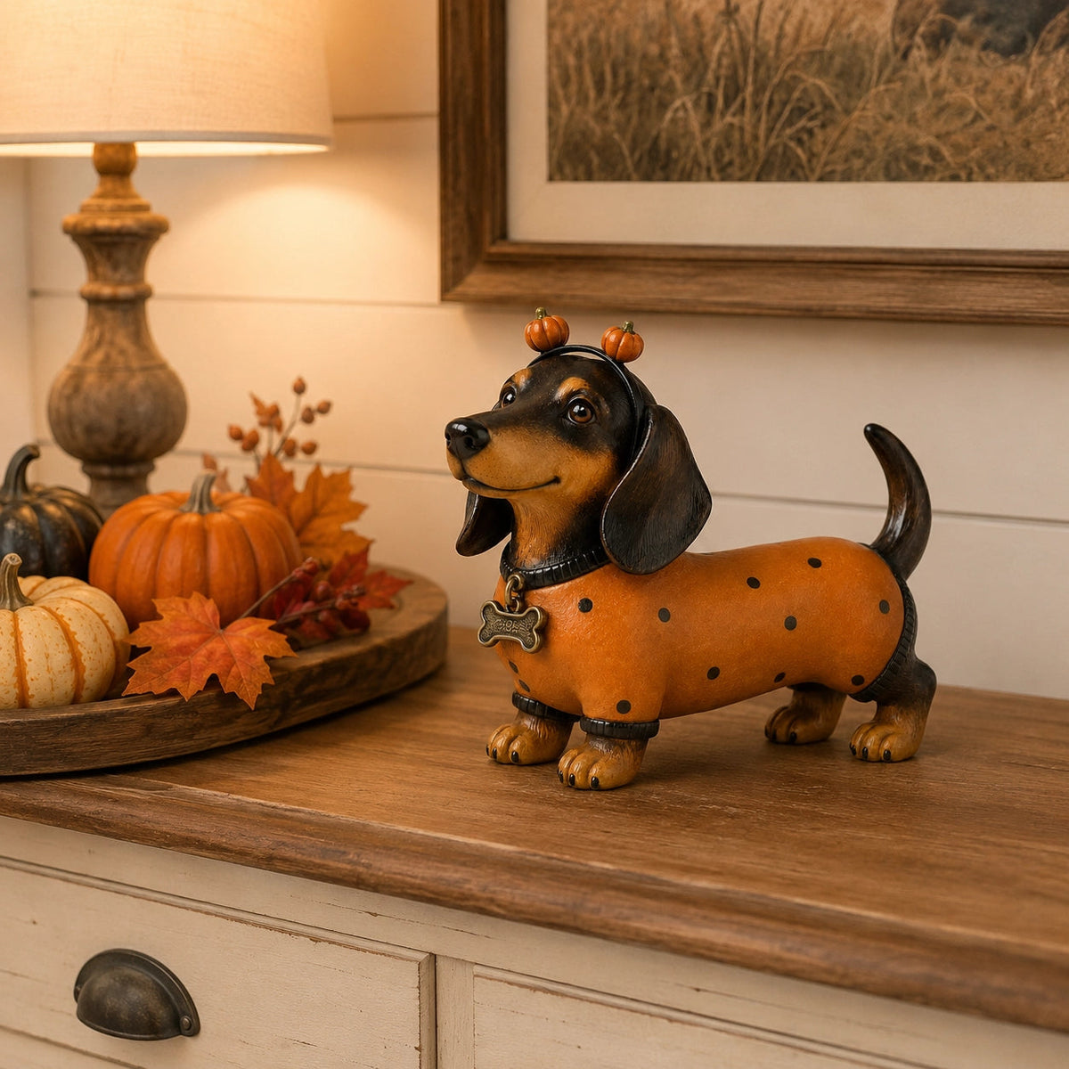 Schattig Halloween-beeldje van een teckel als pompoen, gemaakt van hars