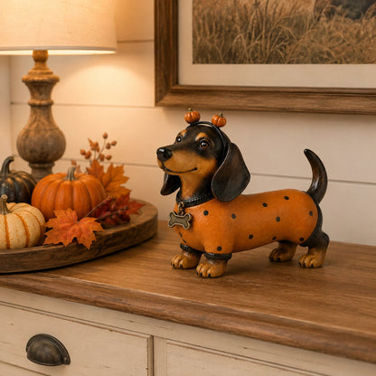Schattig Halloween-beeldje van een teckel als pompoen, gemaakt van hars