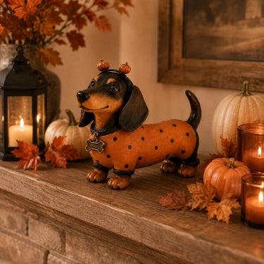 Schattig Halloween-beeldje van een teckel als pompoen, gemaakt van hars